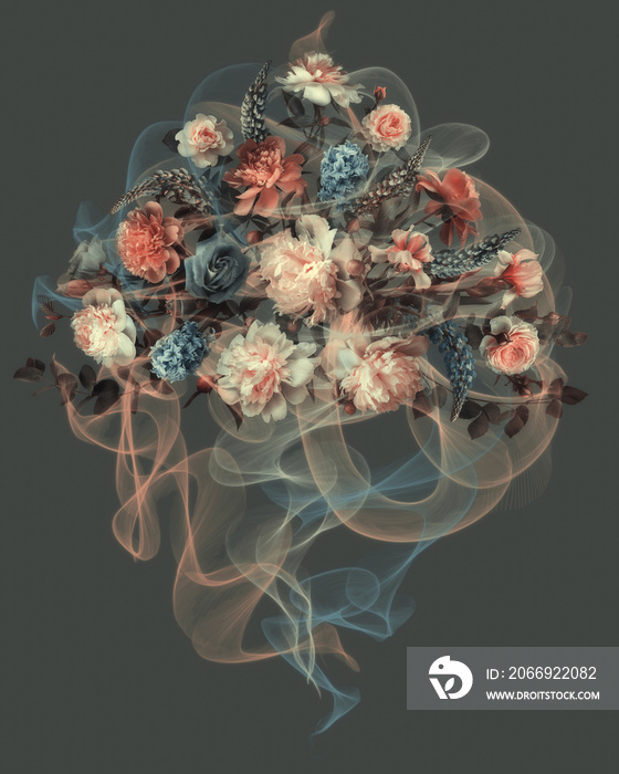 Floral collage on dark background. Digital art.