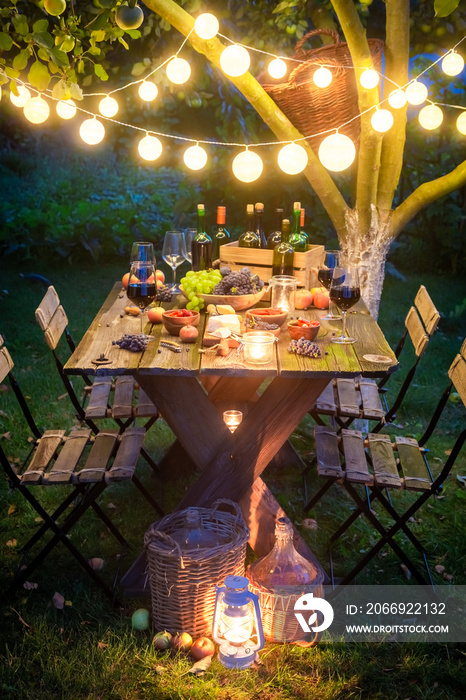 Preparation for supper with cheese, red wine in illuminated garden