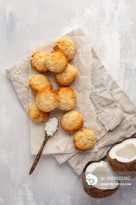 Healthy vegan homemade coconut cookies, light background, top view, copy space. Healthy vegan food concept.