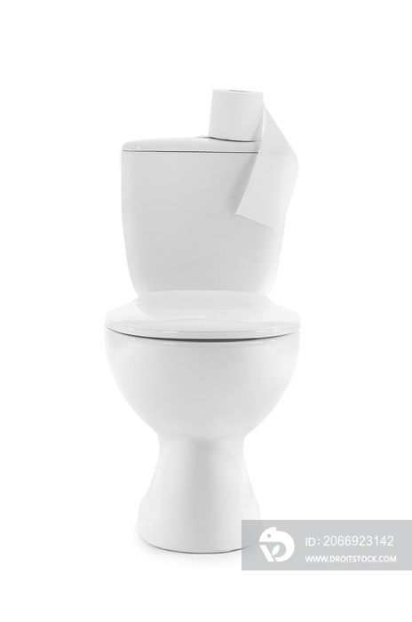 Toilet bowl and roll of paper on white background