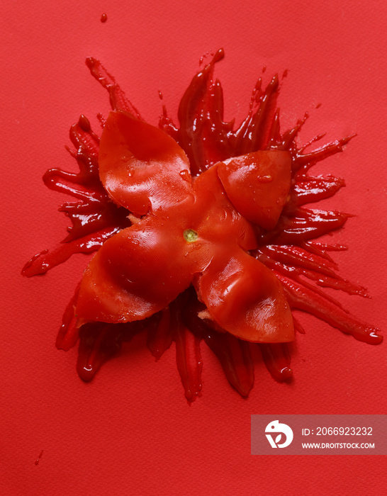 tomato ketchup sauce on a red background