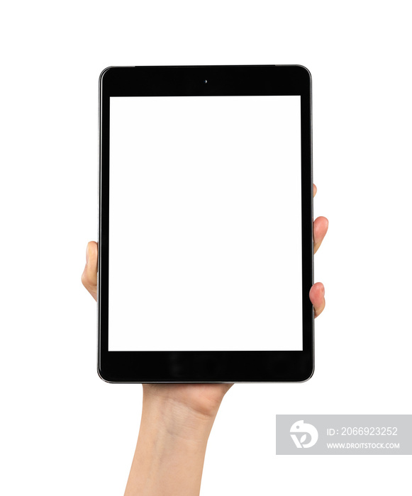 Hand holding digital tablet isolated on background. PNG format file.