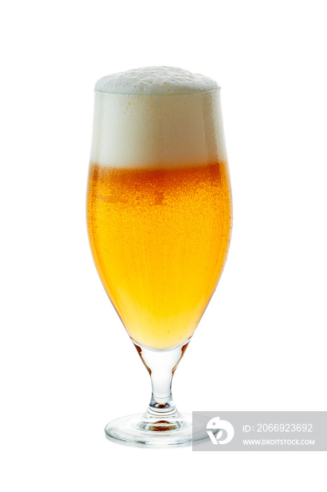 Glass of beer with foam on white