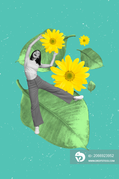 Vertical collage image of excited positive black white colors girl hands hold big yellow flower green leaves isolated on painted background
