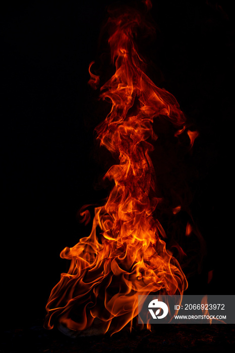 Fire flames on black background. Fire burn flame isolated, abstract texture. Flaming effect with burning fire.