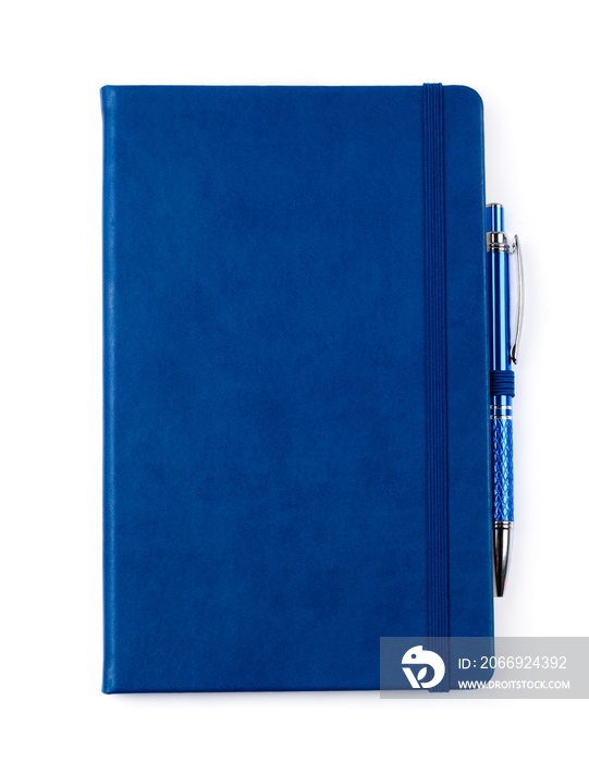 Blue notebook with pen isolated on white background.