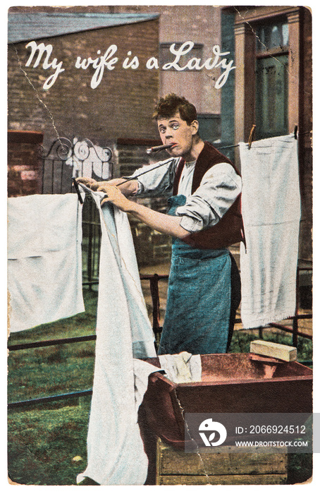 Funny young man does housework washes laundry Vintage picture