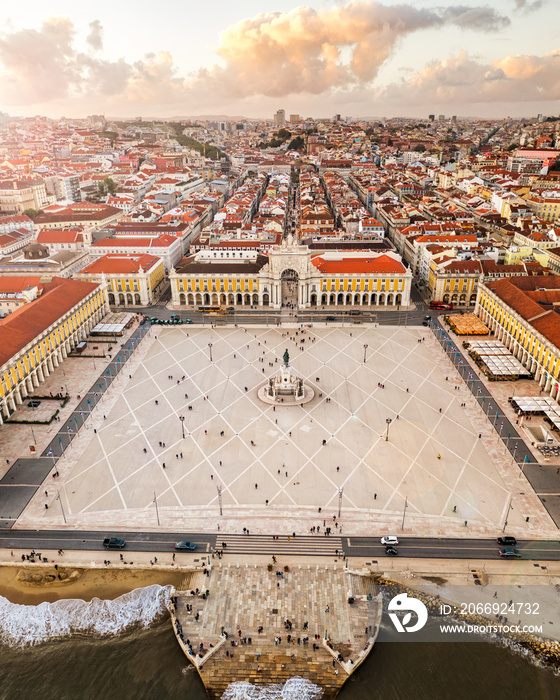 Panorama central commerce square palace, Lisbon, Portugal at sunset, old european city, drone view, vertical air