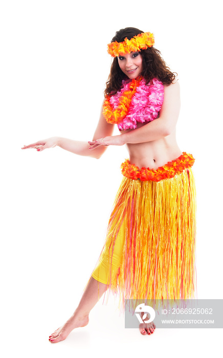 Beautiful young female dancer in traditional Hawaii dress in with orange skirt and flower wreath in her hair in various poses