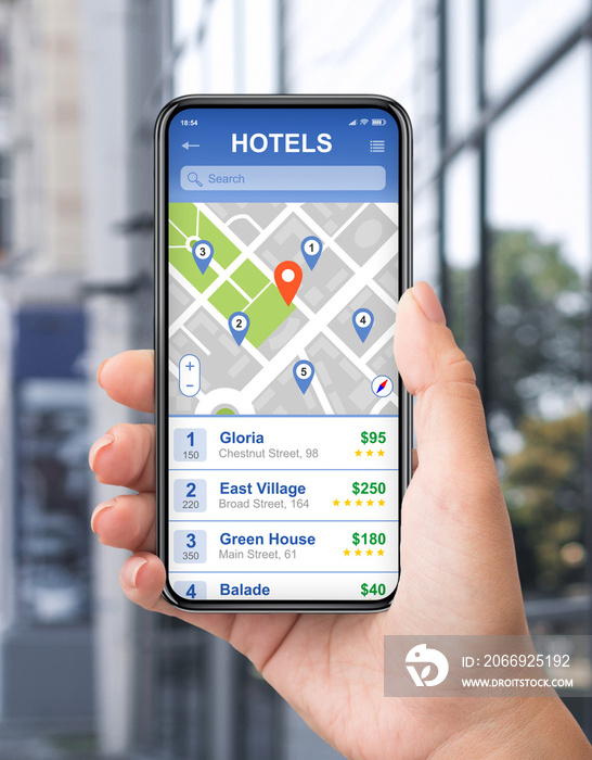 Female tourist picking hotel using GPS map with navigation pins on city street, collage