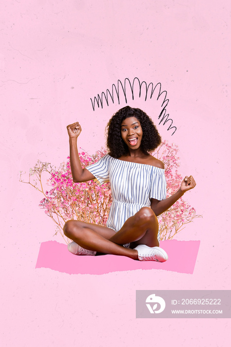 Vertical collage picture of excited delighted girl raise fists have good mood fresh flowers bush isolated on pink background