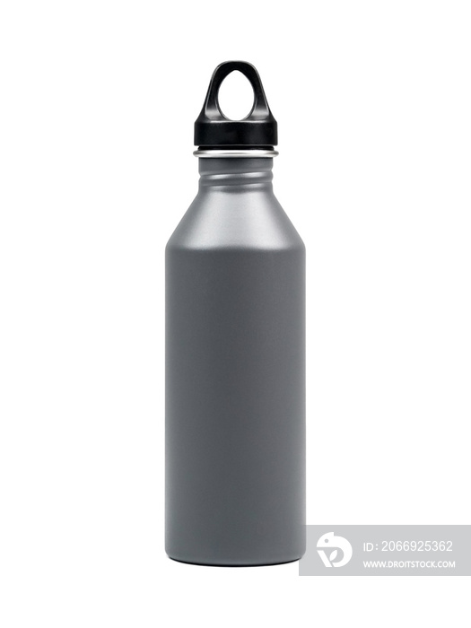 Aluminium sport bottle isolated on a white background photo. Reusable drinking flask.