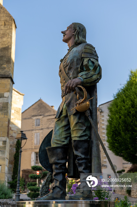 the statue of Cyrano de Bergerac in the historic city center of Bergerac
