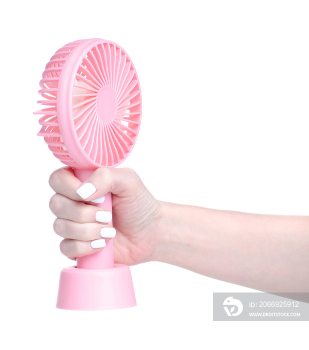 portable mini fan in hand on white background isolation