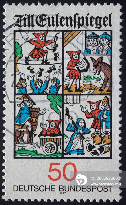 GERMANY - CIRCA 1977: a postage stamp from GERMANY, showing the illustrations for the children’s books of the same name by Till Eulenspiegel. Circa 1977