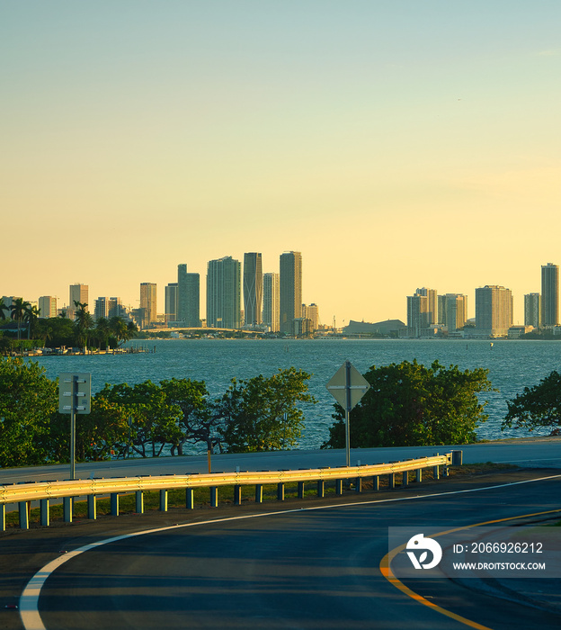 road street city horizon sea skyline Miami Florida buildings sky sunset travel vacation