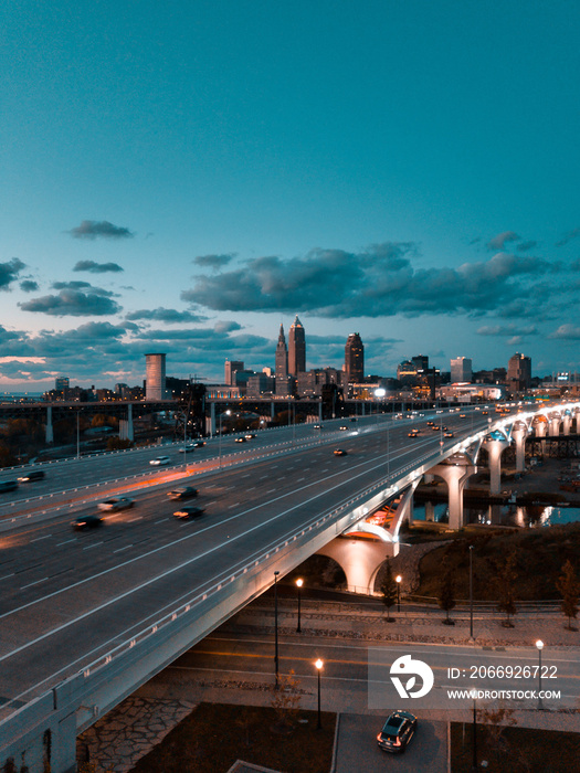 cleveland ohio skyline highway at night