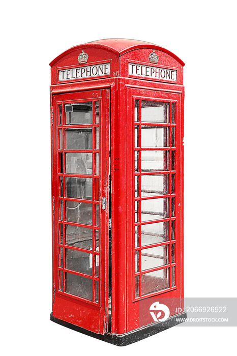 Classic British red phone booth in London UK, isolated on white