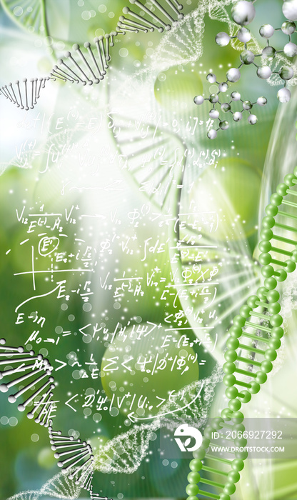 abstract image of dna chain on blurred background with mathematical formulas.