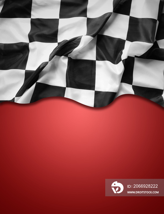 Checkered flag on red background. Copy space