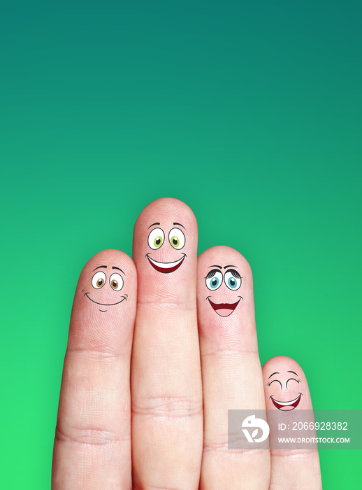 Fingers of a hand symbolizing a happy family. Smile. Word on background turquoise, green.