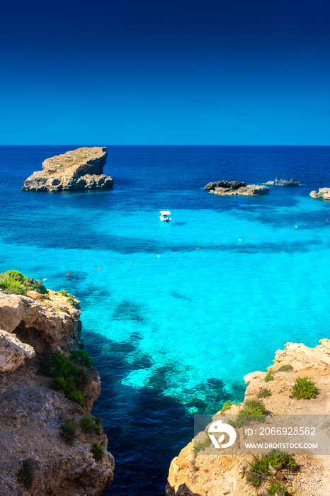 Amazing crystal clear water in the Blue Lagoon of Comino Island,  Malta