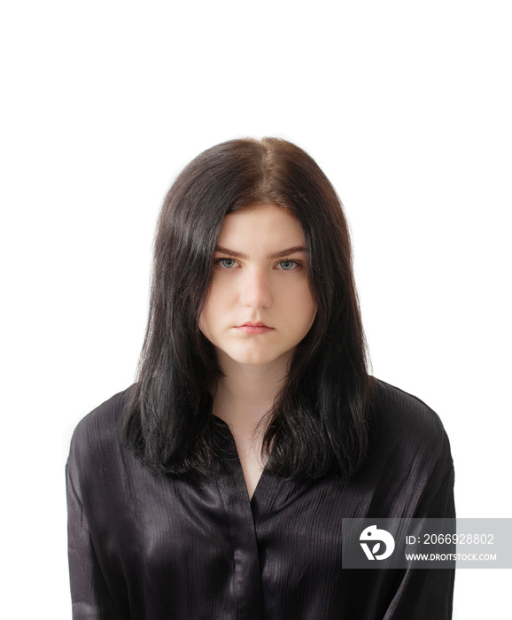 young brunette girl in black shirt on white background