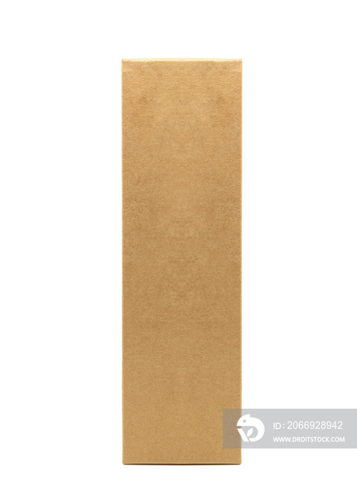 Image of vertical paper cardboard box for bottle packaging, natural brown box, standing on white background, blank space for branding design label, front side view. Concept for natural product.