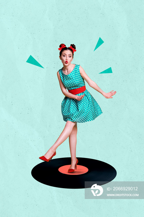 Vertical collage photo of nice pretty carefree gorgeous retro woman dancing on vinyl record disc isolated on blue color background