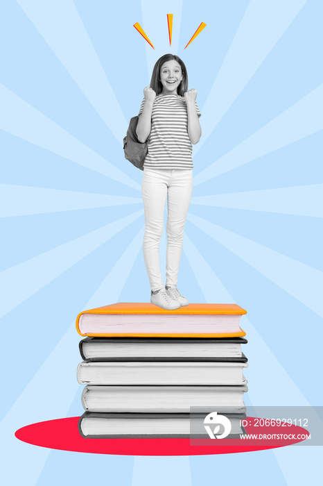 Vertical collage picture of overjoyed funny small girl black white colors stand pile stack book celebrate isolated on drawing background