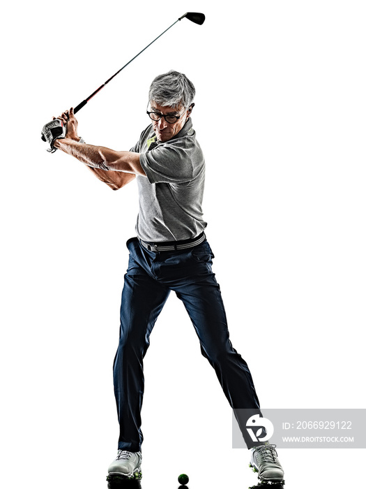 one caucasian senior man golfer golfing  in studio shadow silhouette isolated on white background