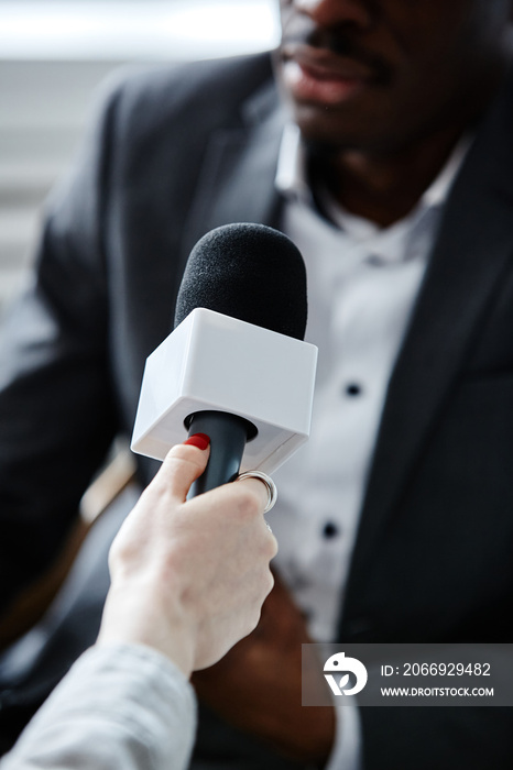Vertical closeup of young woman holding microphone while interviewing expert