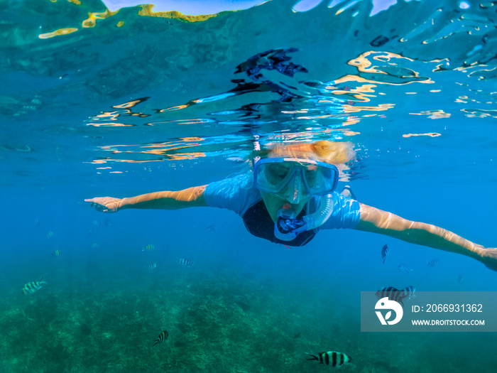 Portrait of female in wetsuit apnea at Seychelles, Indian Ocean. Travel lifestyle watersport activity. Young caucasian woman snorkeling in tropical turquoise sea. Woman free diving swims in coral reef