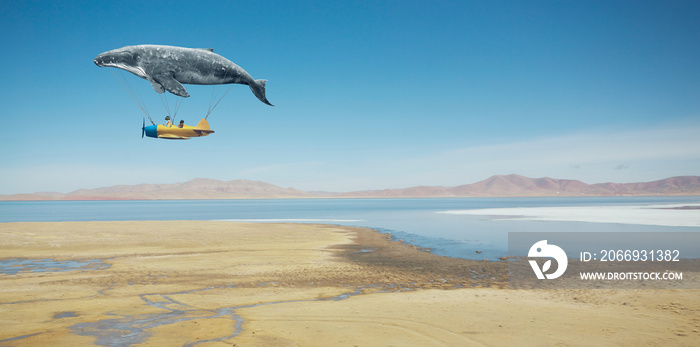 Travel concept. Whale floats in the air above the clouds carrying children in a yellow airplane.