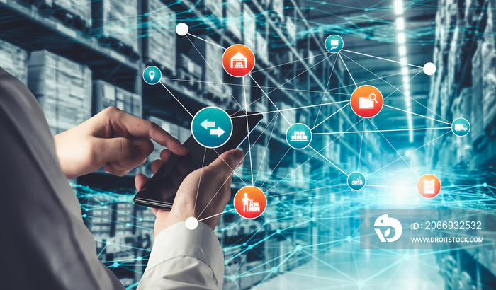 Smart warehouse management system with innovative internet of things technology to identify package picking and delivery . Future concept of supply chain and logistic network business .