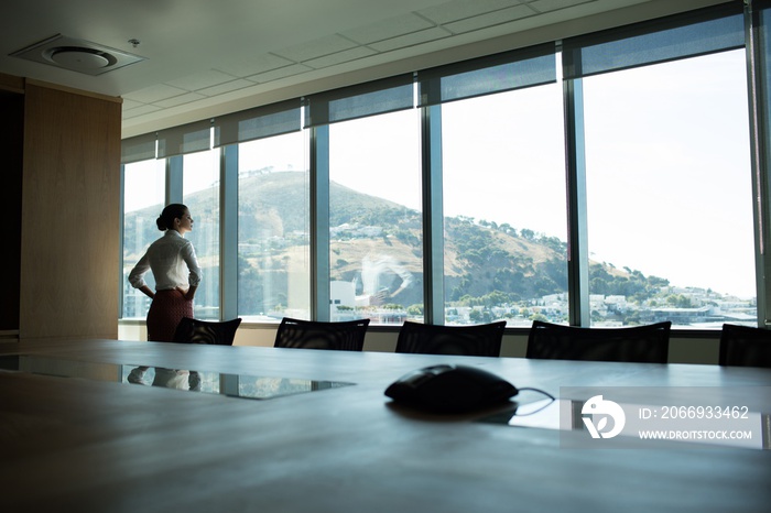 Businesswoman looking through window in conference room