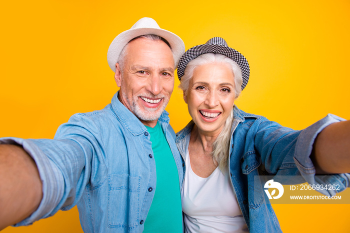 Tourist tourism travel healthy dental video-call lifestyle concept. Close up photo portrait of cheerful joyful beautiful careless excited old guy and grandma making selfie isolated bright background