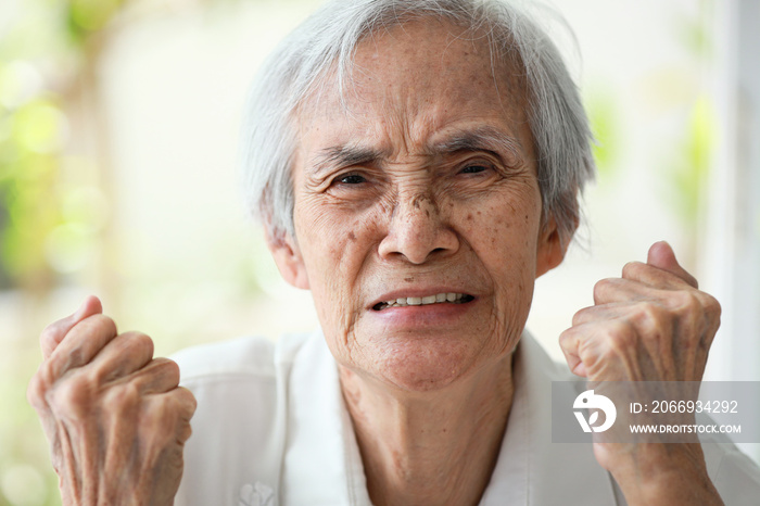 Angry old elderly clenching fists,furious expression on face,showing displeasure,hostility,bad-tempered,feeling irritation,irritable senior woman was indignant,full of anger,aggressive,mood swings