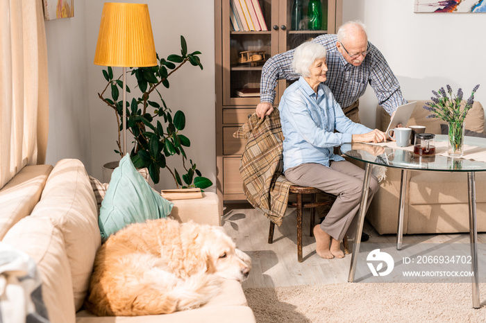 Full length portrait of modern senior couple using laptop sitting at table at home with pet dog in foreground, copy space