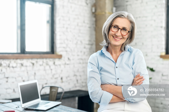 Portrait of a charming smiling elegant lady or mature gray-haired positive businesswoman, standing in the office at her workplace with arms folded, looking at camera, working active seniors concept