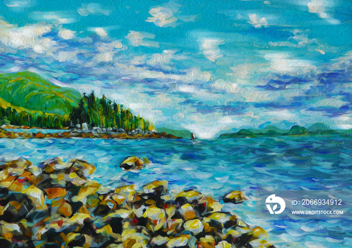 Oil painting sea, landscape, mountains, forest, stones