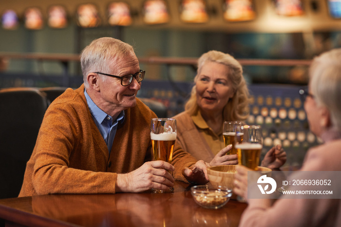 Portrait of smiling senior people drinking beer in bar while enjoying night out with friends, copy space