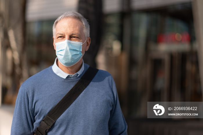 Masked man walking outdoor to go at work, coronavirus people lifestyle concept