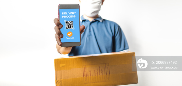 Delivery man shipping and show accept QR code on mobile phone screen. Mobile proof scan of delivery