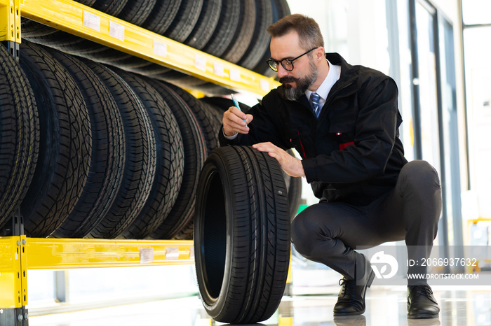 Mechanic man with car tires at service station. Male mechanic holding car tire in automobile store shop