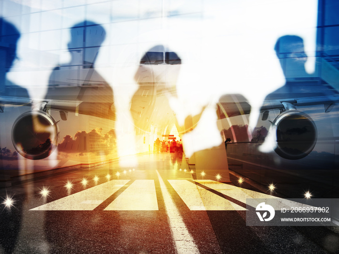 Take off of a modern aircraft and double exposure with silhouettes of passengers in the airport