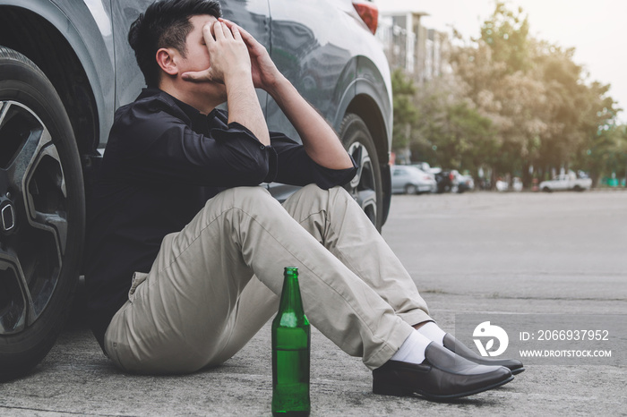 Image of shocked and scared driver after accident involved lying on the road on pedestrian after accident collision with drunk car driver