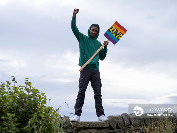 Teenage (16-17) boy standing on stone wall holding peace sign