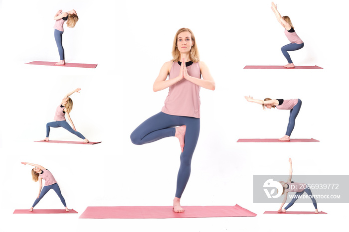 set of photos woman practicing yoga, white background. Sport concept. collage of several photos. beautiful slim woman in different yoga poses.