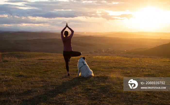 woman with white dog doing yoga at sunset tree pose  vrksasana